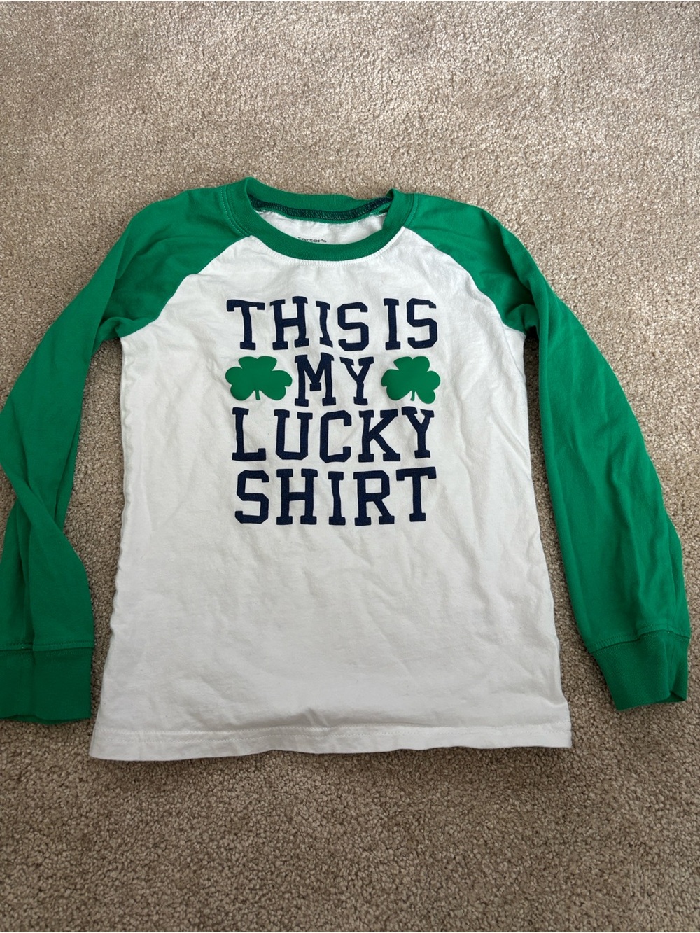 Carter's White and Green Raglan "This Is My Lucky Shirt" Long Sleeve Tee